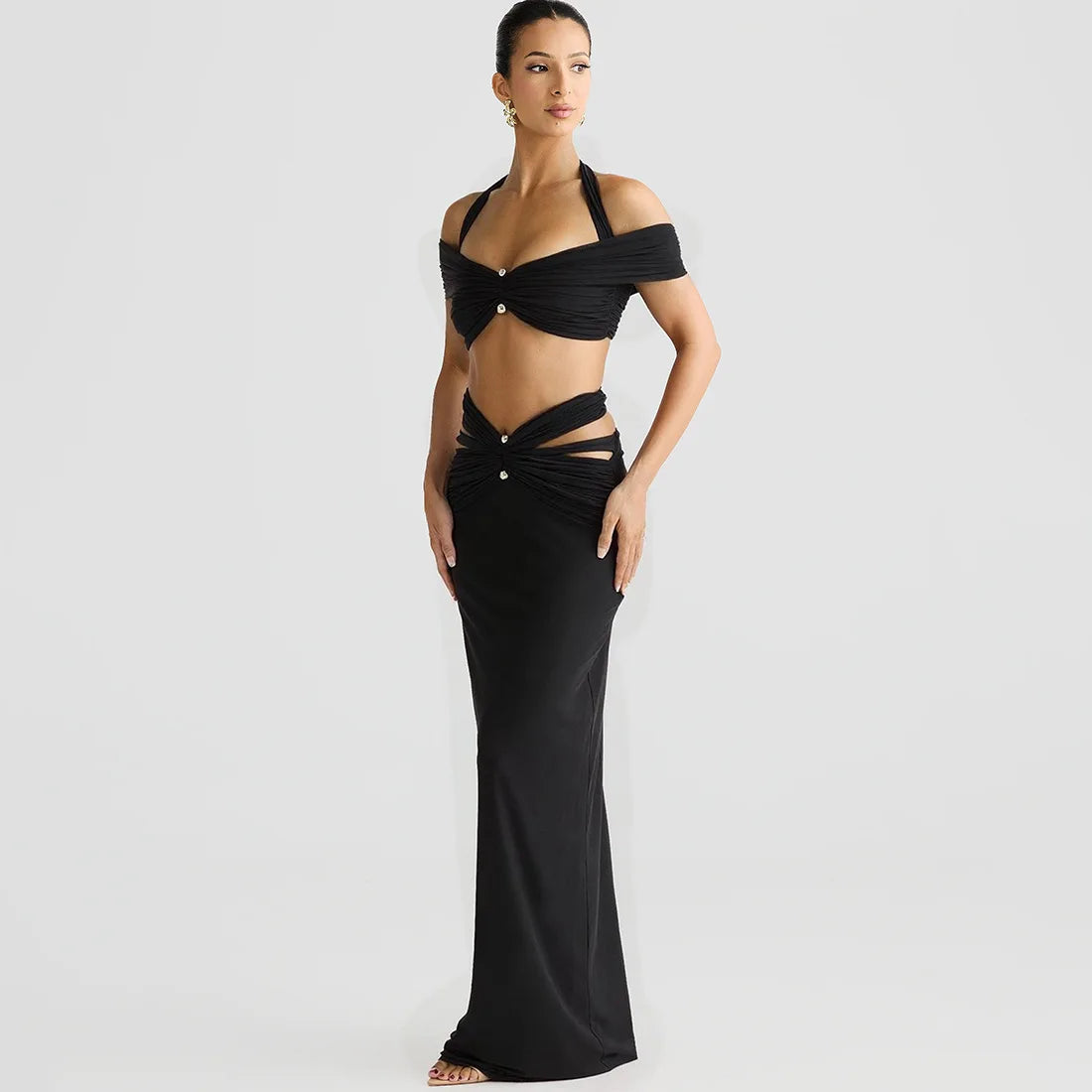 Women's Elegant Ruched Cut Out 2 Piece Dress Set - Halter Top & Maxi Skirt