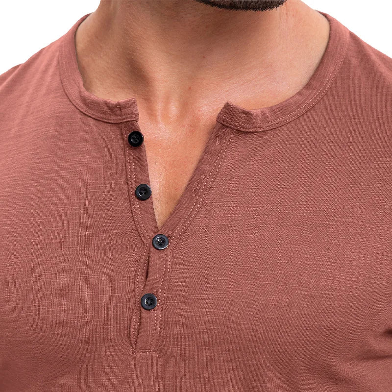 Men's Summer Henry Collar Short Sleeve Casual Pullover T-Shirt