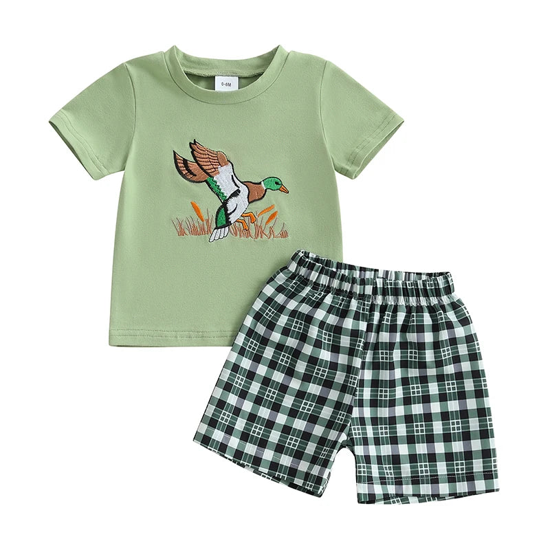 Summer Baby Boys Casual Outfit Set - Duck Embroidery T-Shirt & Plaid Shorts (0-3Y)