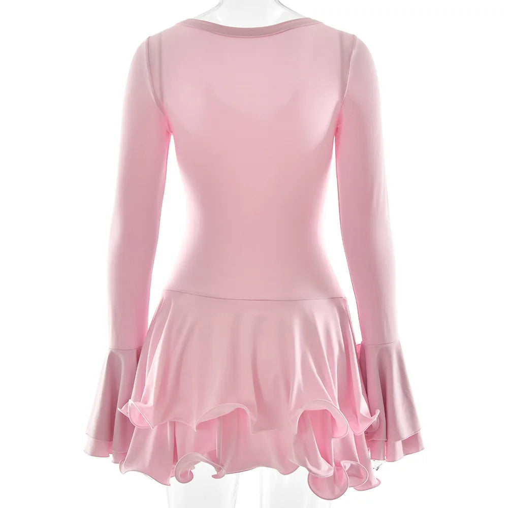 Women's Ruffled Mini Dress - Single-Breasted V-Neck with Flare Sleeves