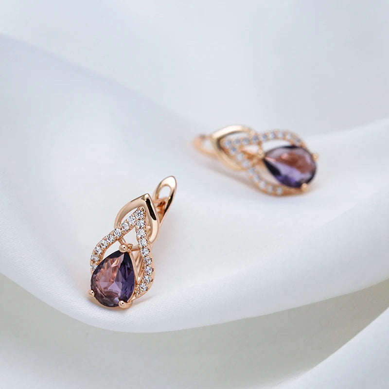 Women 585 Rose Gold Vintage Sparkling Purple Water Drop Natural Zircon Earrings