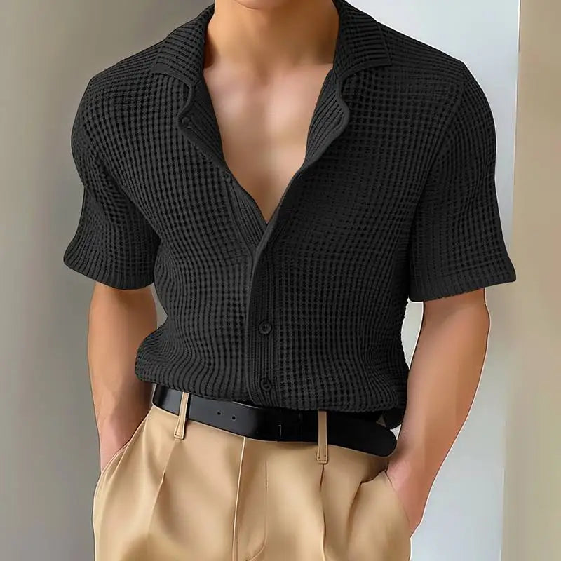 Men Summer Solid Colour Lapel Short Sleeve Hollow Out Shirt