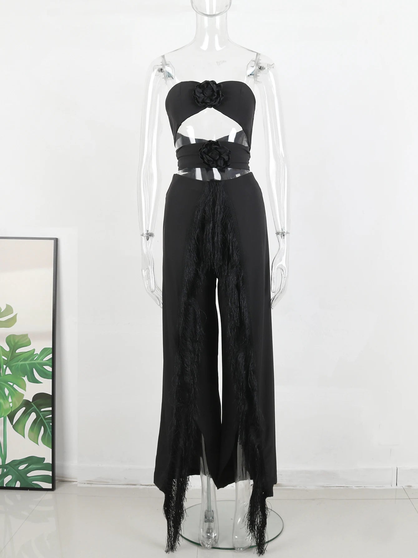 Women's Strapless Tie-Flower Crop Top & High Waist Wide Leg Trousers Set