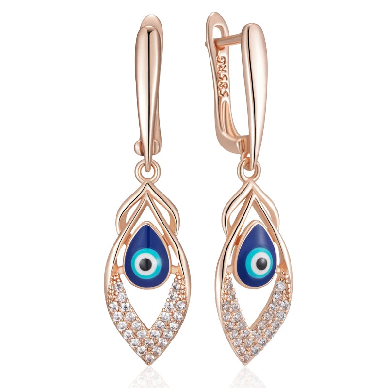 Rose Gold Blue Enamel Drop Earrings - Natural Zircon Wedding Party Jewelry