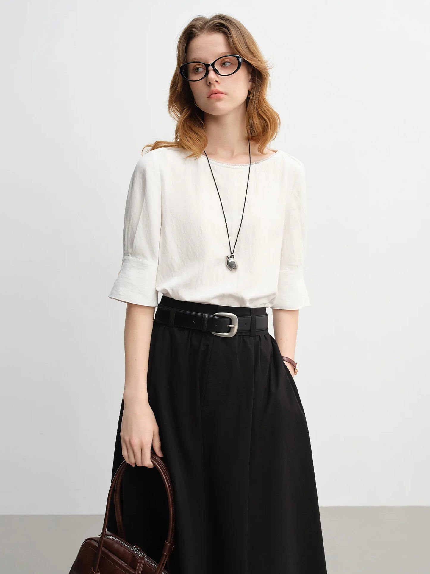 Women's Autumn Clothing Set - Long Sleeve Shirt & A-Line Skirt with V-Neck Top