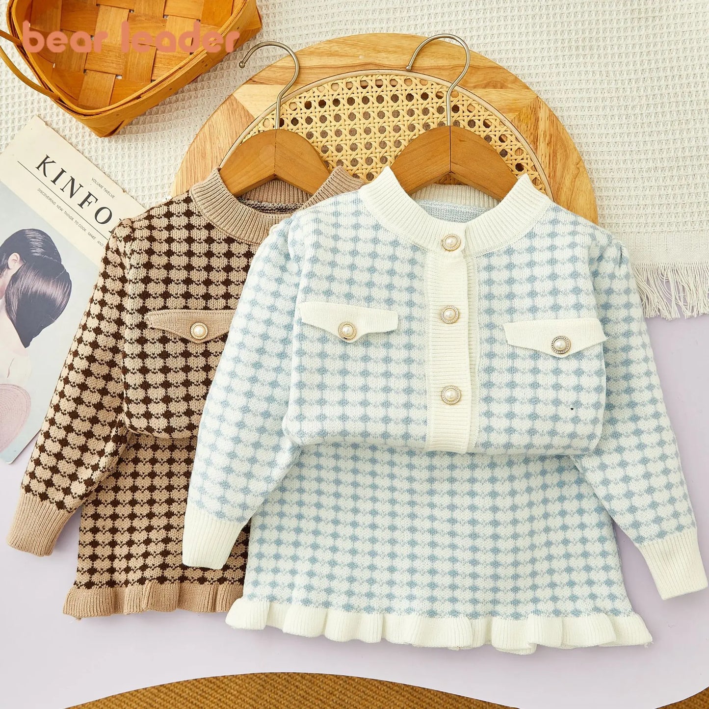 Girls Winter Knitted Cardigan & Skirt Set – Checkered Plaid