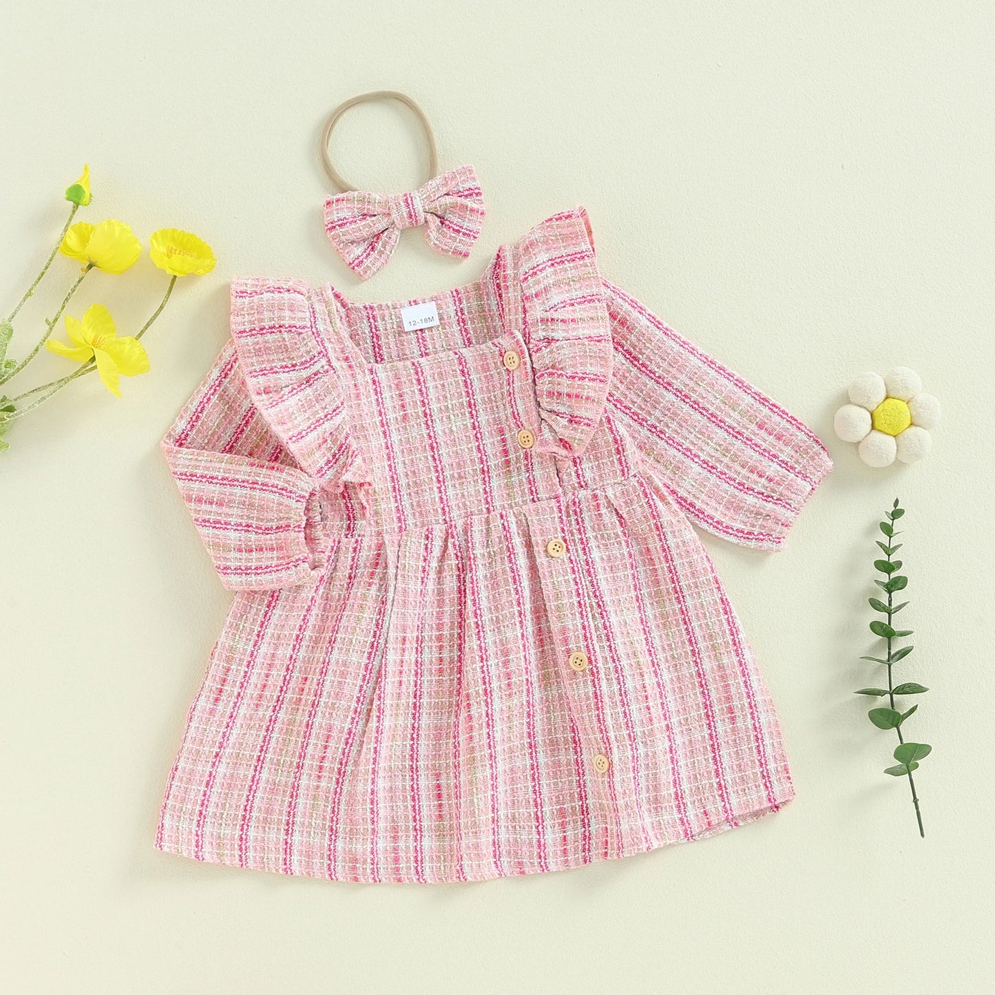 1-5Y Girls Plaid Princess Long Sleeve Square Neck Ruffles Buttons Casual Fall Dress with Headband