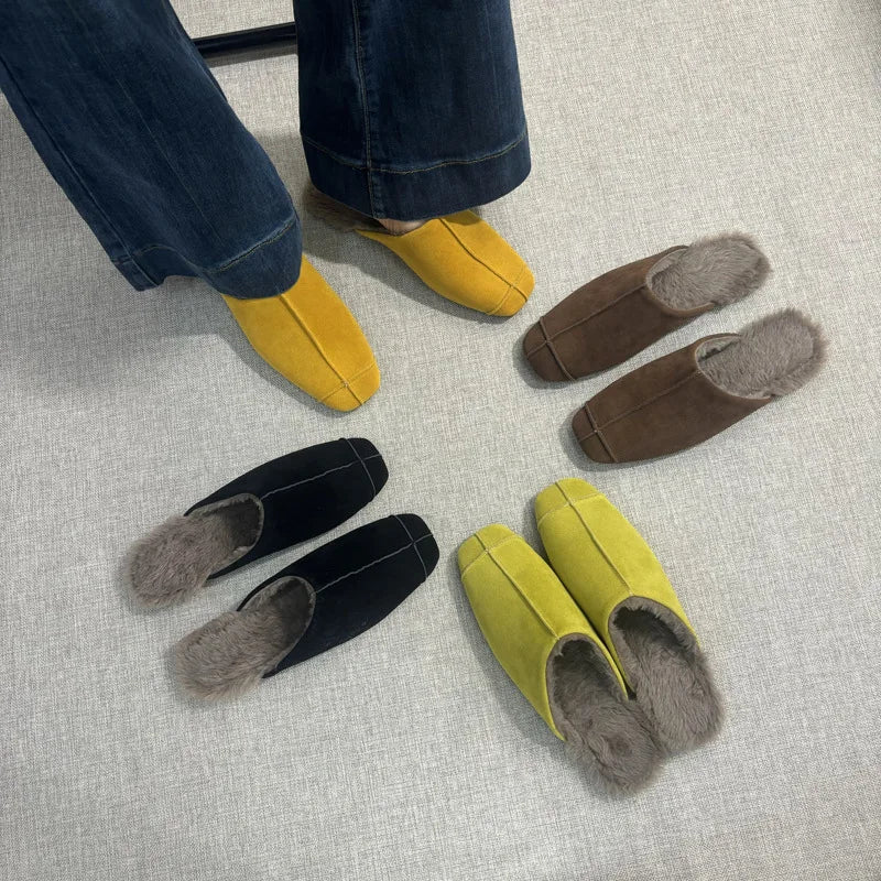 Women's Suede Square Toe Flat Slippers