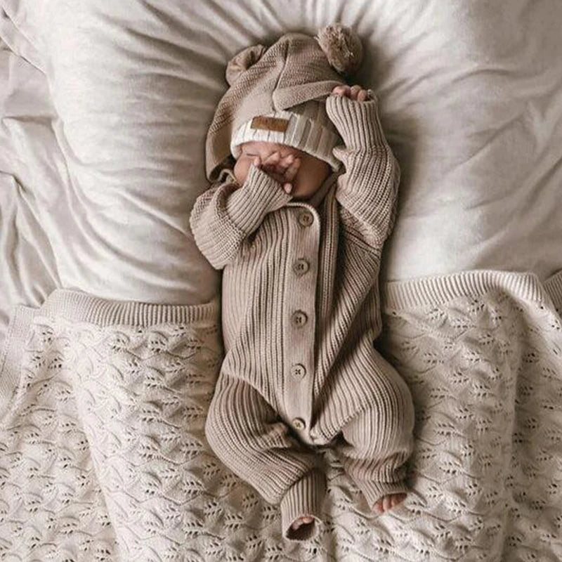 0-12M Autumn Baby Romper - Solid Colour Long Sleeve Hooded Jumpsuit for Boys & Girls