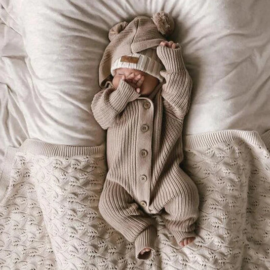 0-12M Autumn Baby Romper - Solid Colour Long Sleeve Hooded Jumpsuit for Boys & Girls