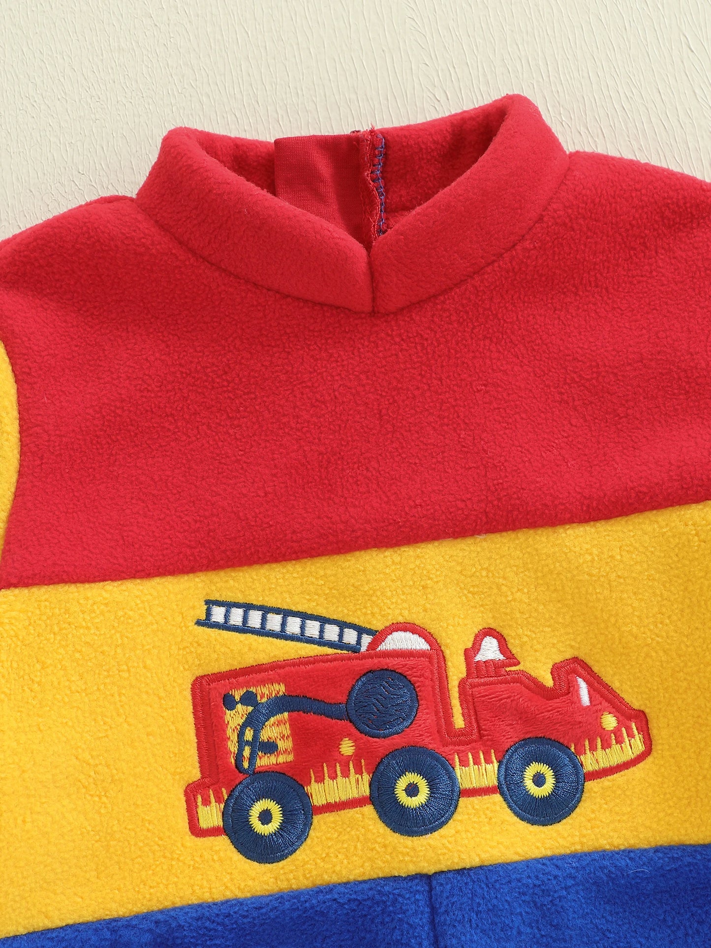 Infant Baby Boys Fall Winter Fleece Romper - Contrast Color Truck Embroidery Mock Neck Jumpsuit