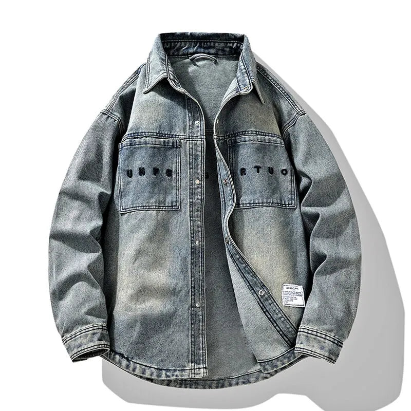 Men's Moto Biker Denim Jacket - Vintage Turn Down Collar Cotton Jean Jacket