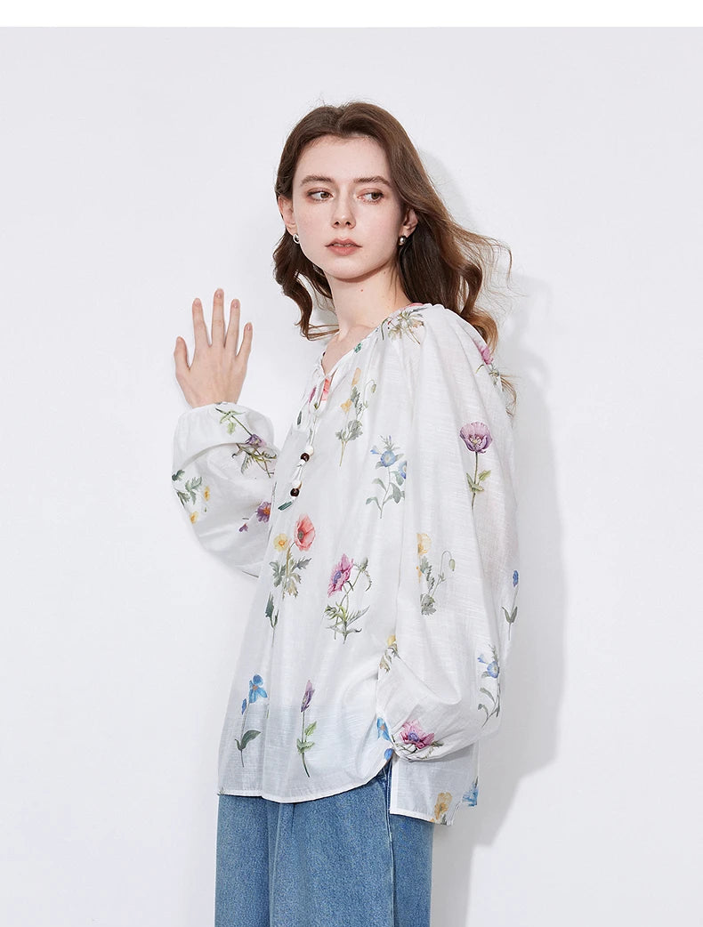 Women's Linen Blend Floral Print Blouse | Lantern Sleeves | O-Neck | Loose Fit | White | Spring Summer