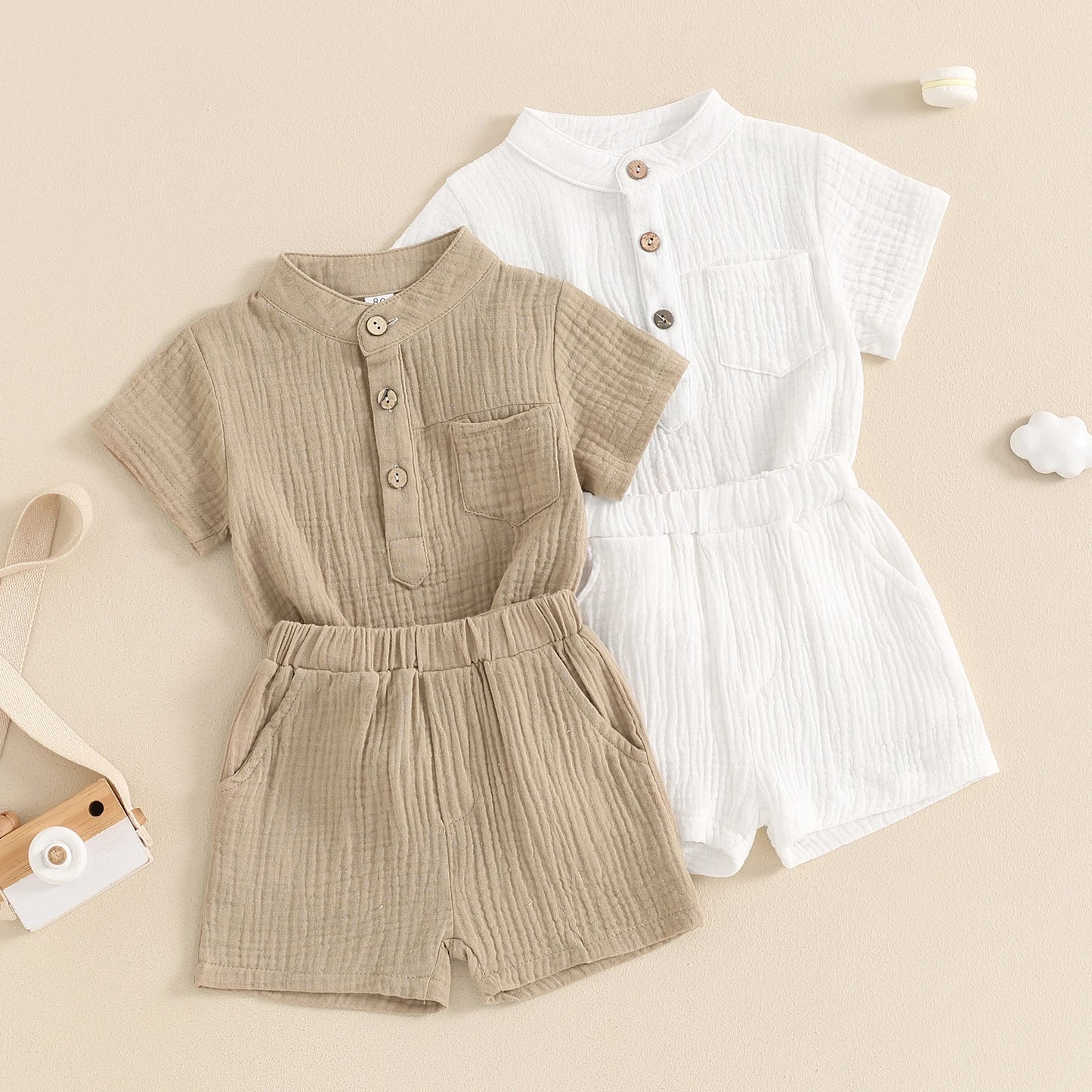 Little Boys Summer Gentleman Outfit Set - Solid Short Sleeve Top & Elastic Waist Shorts (0-4Y)