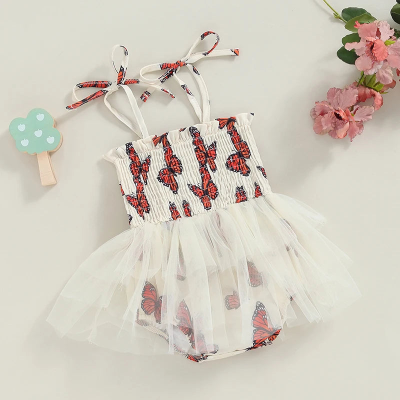 0-18M Lovely Baby Girls Romper Dress Tie-up Sleeveless Pleated Butterfly Tulle Patchwork Summer Jumpsuit