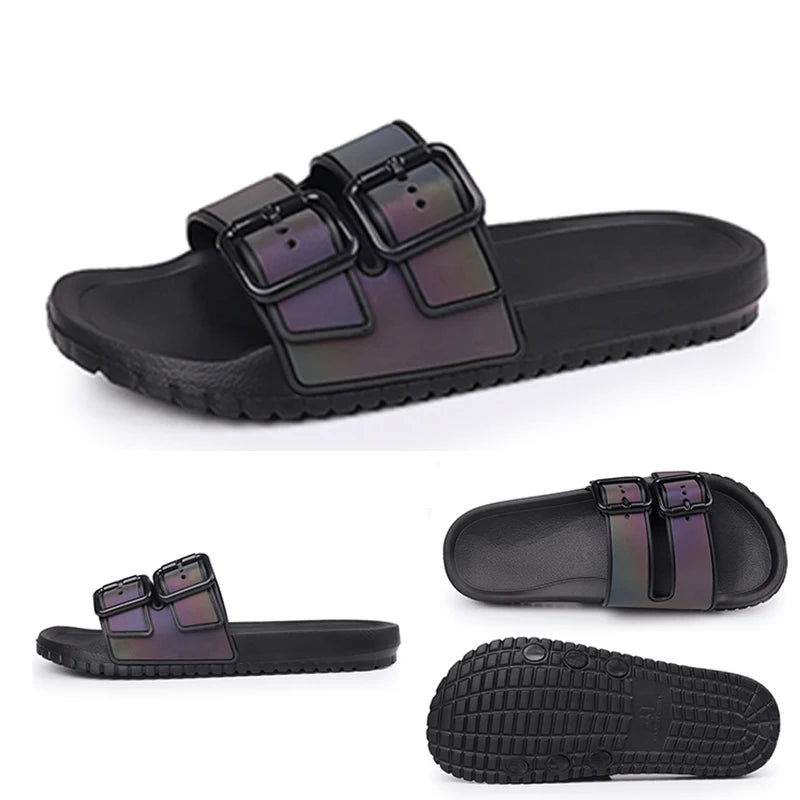 Men's Summer Slippers Laser Reflection Sandals Buckle Design Beach Slippers