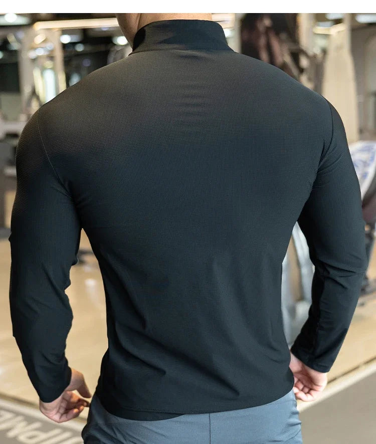 Men's Muscle Workout Sportswear Long Sleeve Running Clothing with Half Zip with Pockets Sports Gym Fitness Compression Shirt