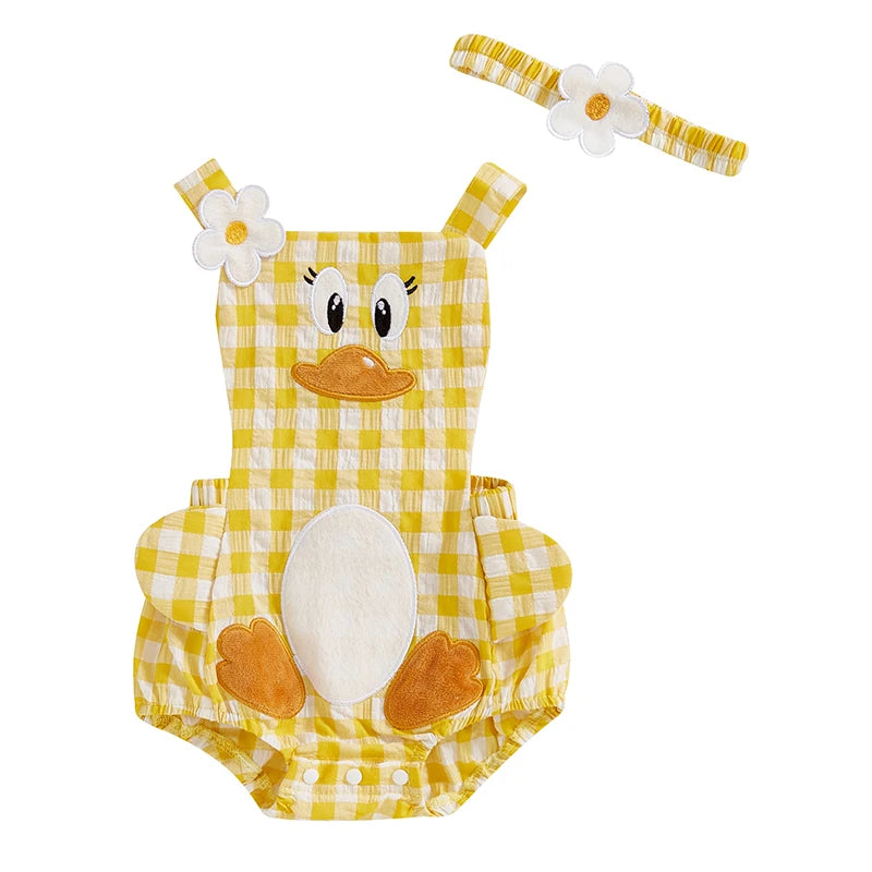 Baby Girls' Cartoon Duck Embroidery Plaid Sleeveless Romper with Floral Headband | Square Neck Summer Playsuit | 3M–12M