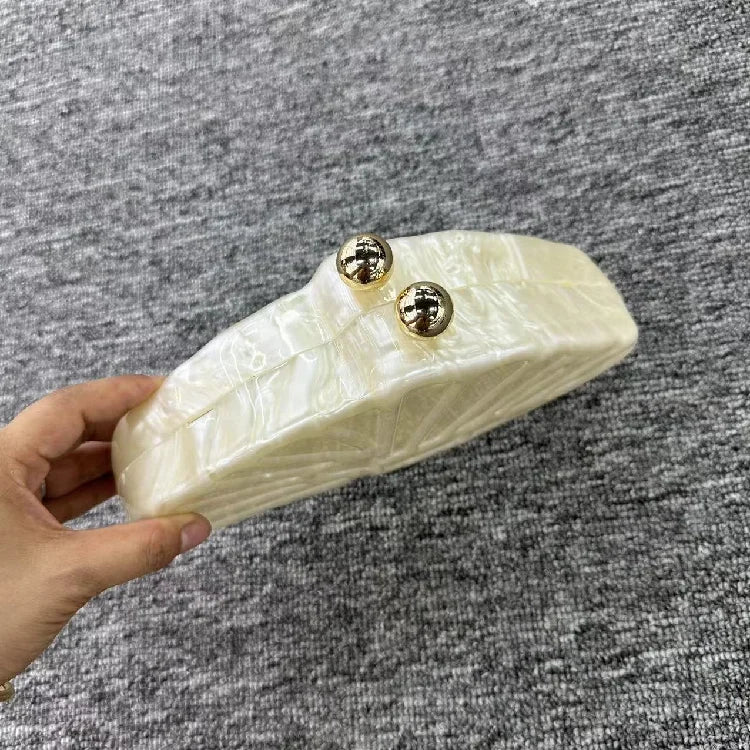 Women's Shell Fan-Shaped Evening Bag - Luxury Acrylic Crossbody Clutch with Pearl Details