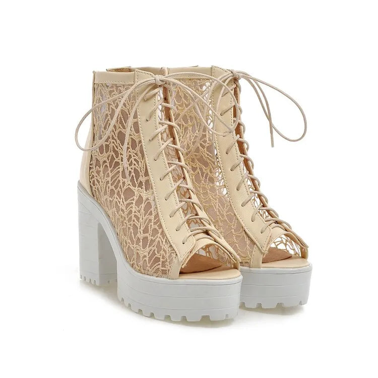 Women's Open Toe Summer Short Back Zipper Leather Mesh Hollow Cool Boots