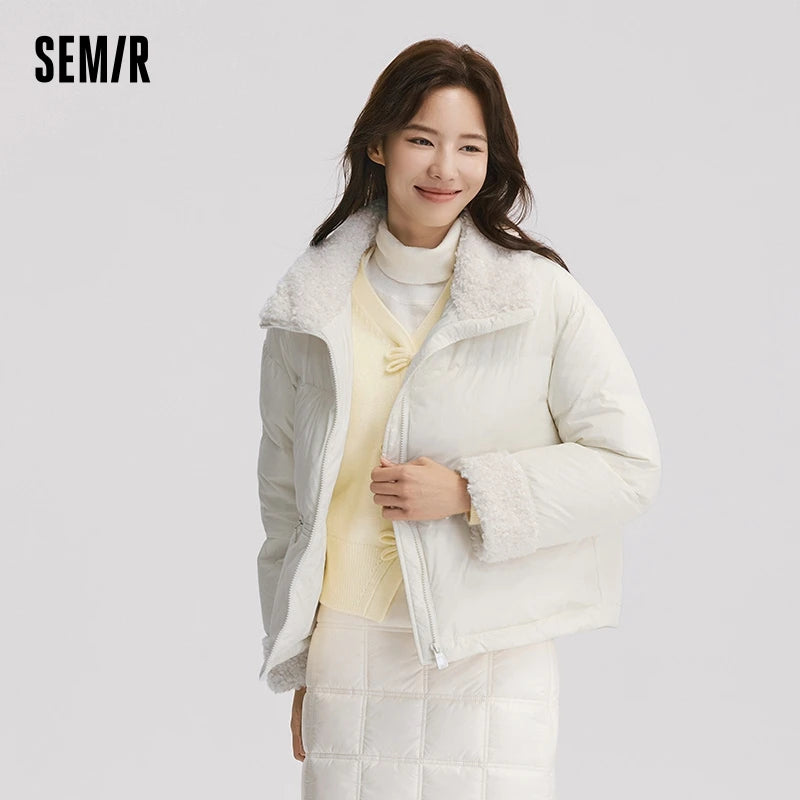 Down Jacket Women Loose Solid Color Winter Patchwork Imitation Lamb Wool Stand-Up Collar Textured