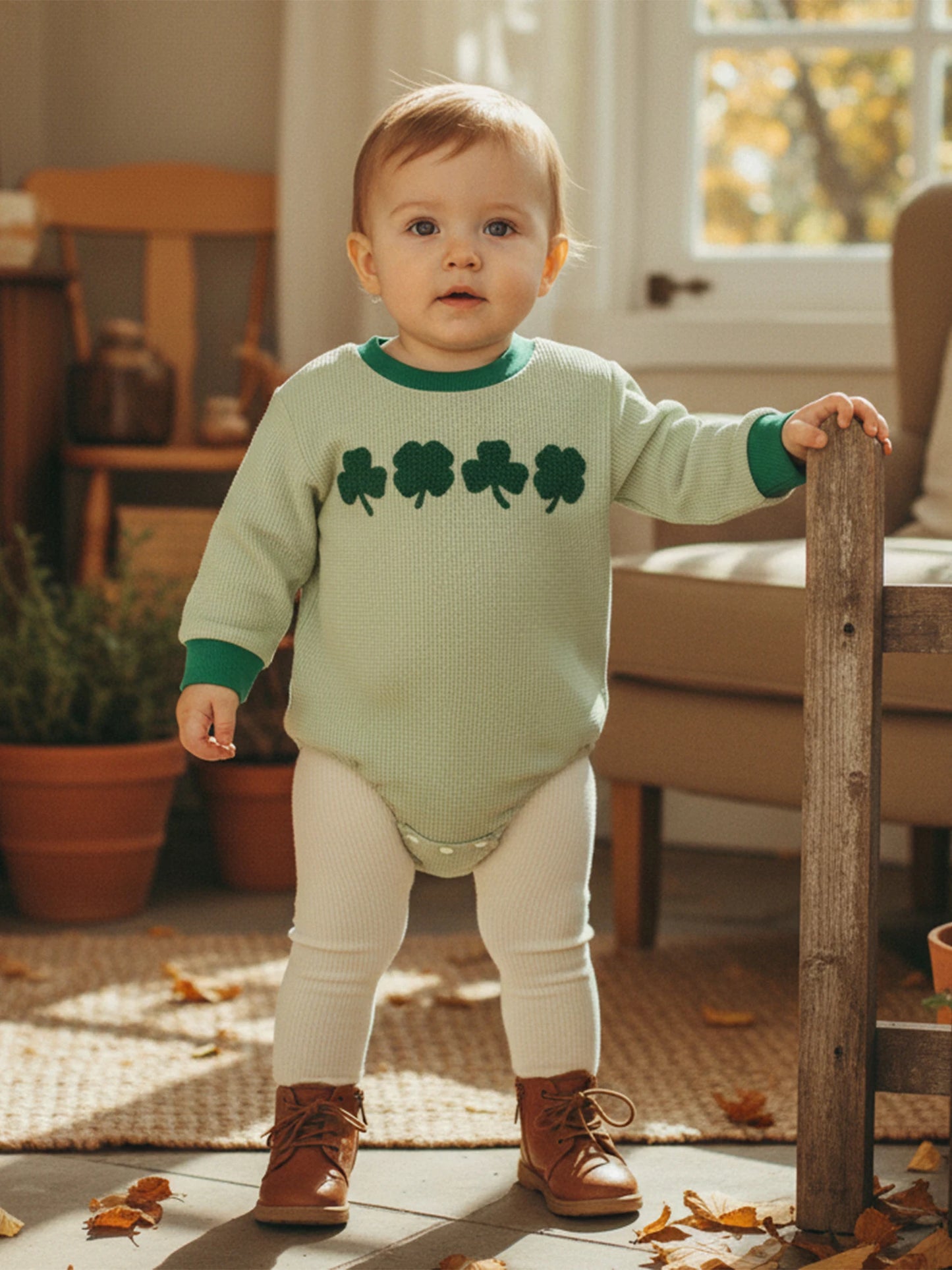 Baby Boys Girls Festival Romper - Shamrock Embroidery Plaid Long Sleeve Jumpsuit