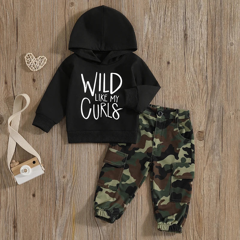 1-6Y Kids Boys Casual Clothes Set - Letter Print Long Sleeve Hooded Pullover Top and Camouflage Pants