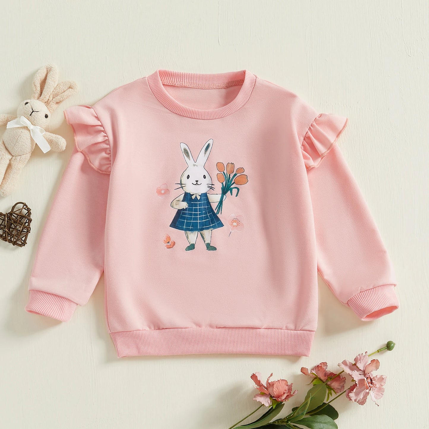 Girls' Easter Rabbit Print Sweatshirt - Long Sleeve Crew Neck Pullover