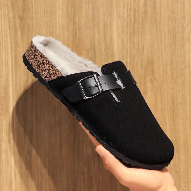 Winter Plush Slippers - Men's Warm Closed Toe Buckle Design Clogs