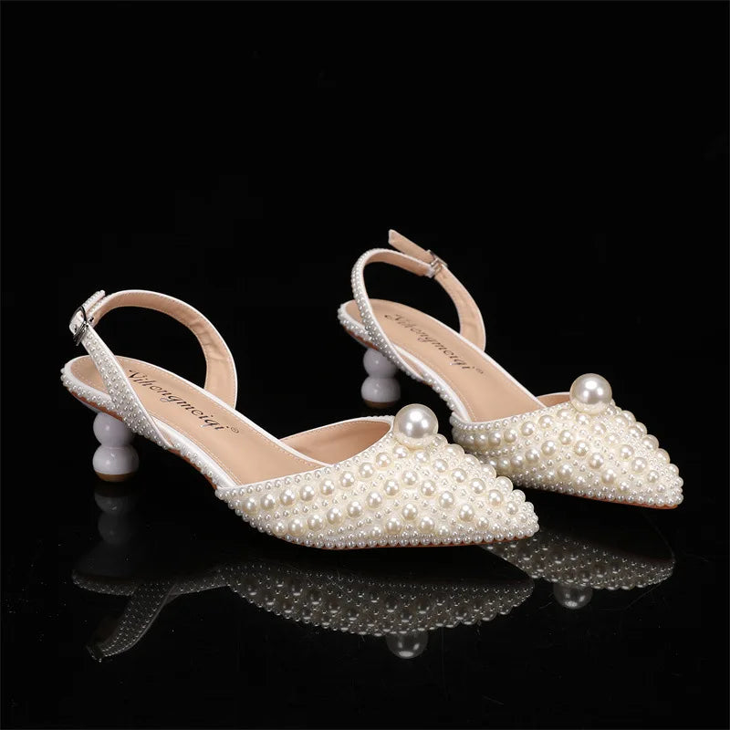 Women's 5cm Round Heel Shaped Heel Pearl Sandals