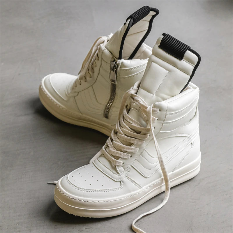 Men's High-Top Leather Sneakers - Lace-Up Ankle Boots