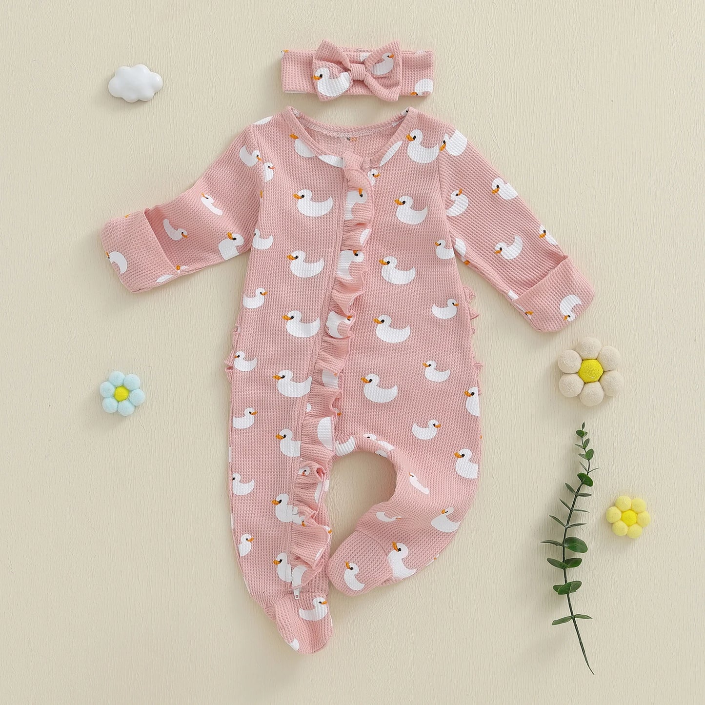 Lovely Newborn Baby Floral Print Romper with Headband (0-12M)