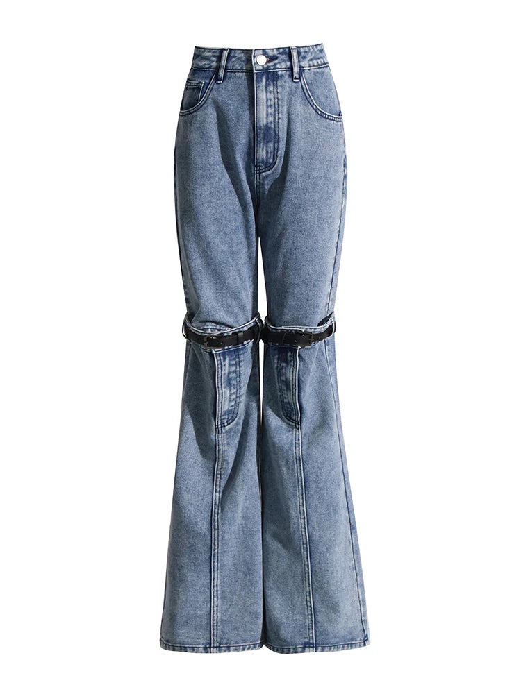 Women's Patchwork Belts Denim - High Waist Spliced Button Wide Leg Jeans