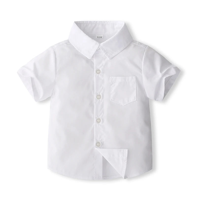 1-5Y Toddler Kids Boys Clothes Set 2pcs Solid Color Short Sleeve Button Shirt with Suspend Shorts Gentleman Outfit