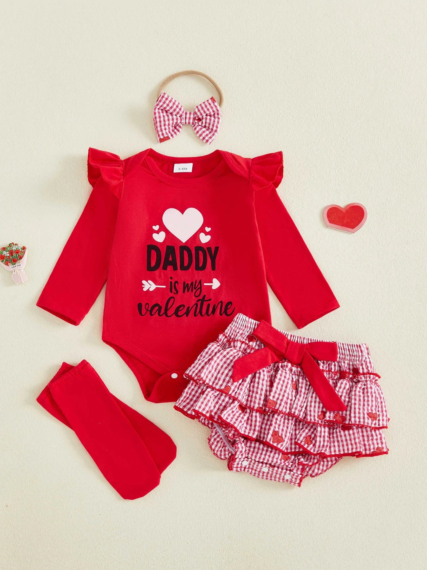 Baby Valentine's Day 4-Piece Outfit Set - Romper, Skirt, Leg Warmers & Headband