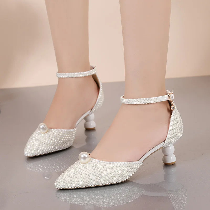 Women's 5cm Round Heel Shaped Heel Pearl Sandals