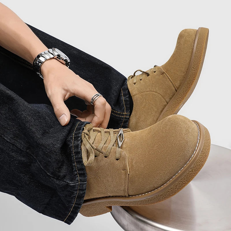 Men's Suede Leather Platform Work Shoes - Lace-Up Business Sneakers