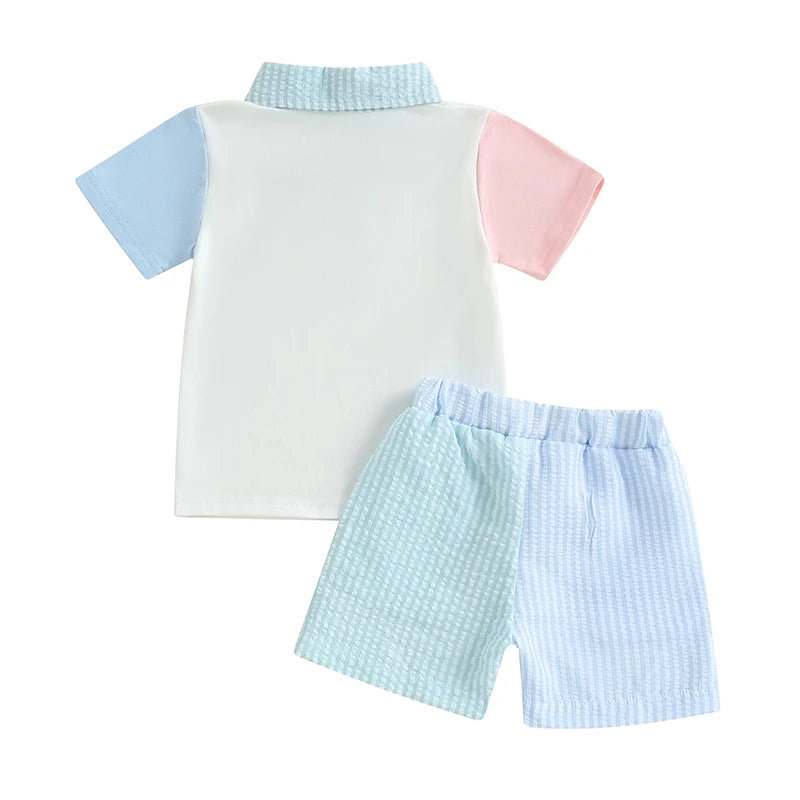 Toddler Boys Casual Outfit Set - Letter Embroidery Polo T-Shirt with Stripe Shorts