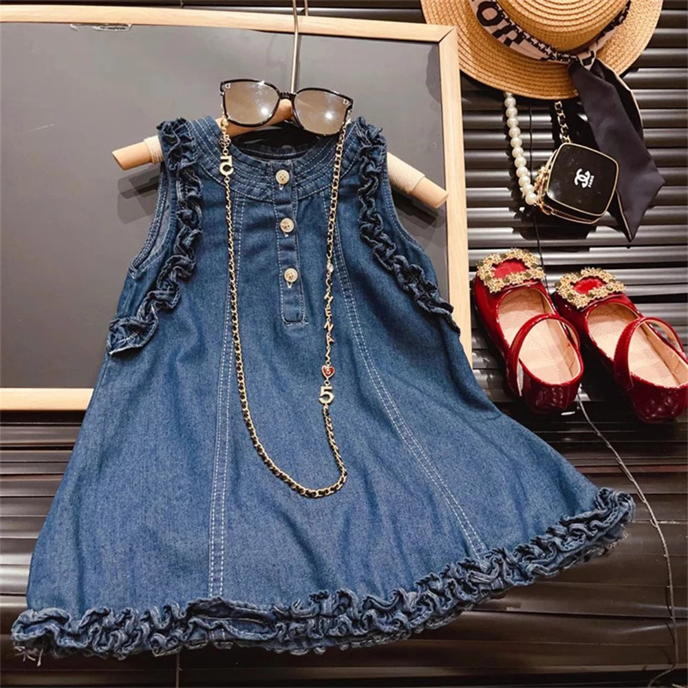 Girls Denim Vest Dress – Frill Edge Three-Button Sleeveless A-Line