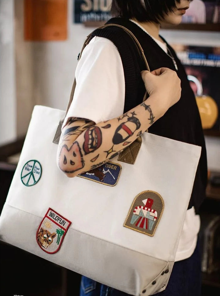 Unisex Style Vintage Embroidered Large-capacity Patchwork Handbag Versatile Single-shoulder Versatile Tote Bag