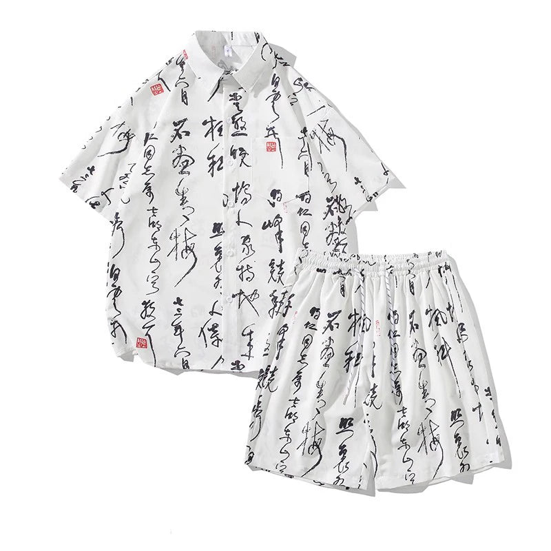 Men's Summer Print Chinese Style Short Sleeve Sports Casual  Shirt and Shorts