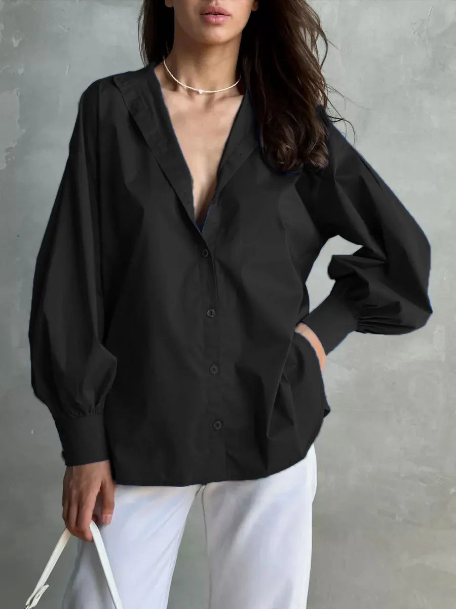 Women's Loose Lantern Sleeve Single-breasted 100% Cotton Blouse