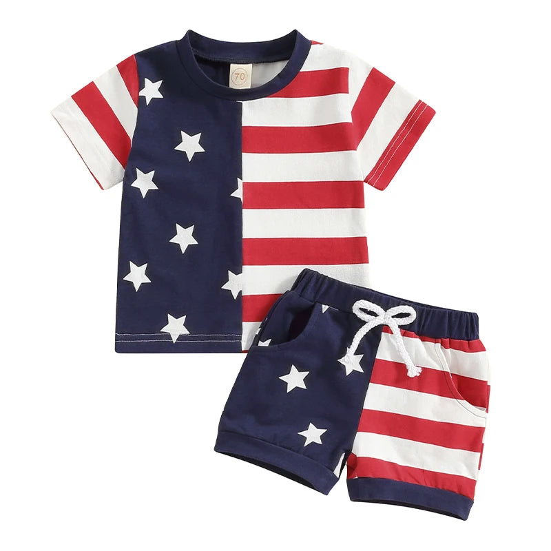 0-3Y Infant Baby Boys Clothes Sets American Flag Outfit Short Sleeve Stars Stripes Print T-Shirt and Shorts