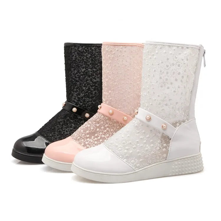 Women's Leather Splicing Mesh Pearl Metal Decoration Zipper Ankle Boots