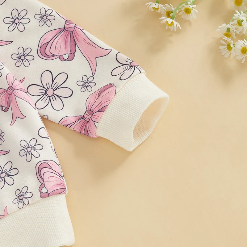 0-3Y Toddler Baby Girls Fall Clothes Sets 2pcs Bow Flower Print Long Sleeve Sweatshirt Elastic Waist Pants