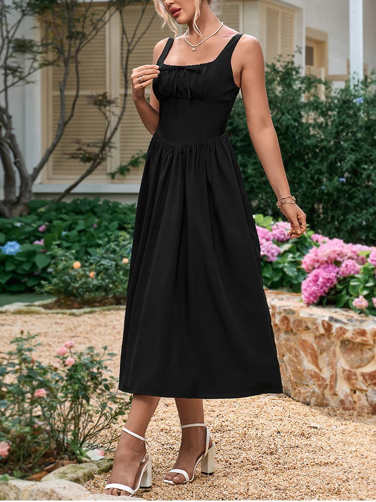 Elegant Summer Midi Dress Square Neck Sleeveless Backless Pleated A-line Dress