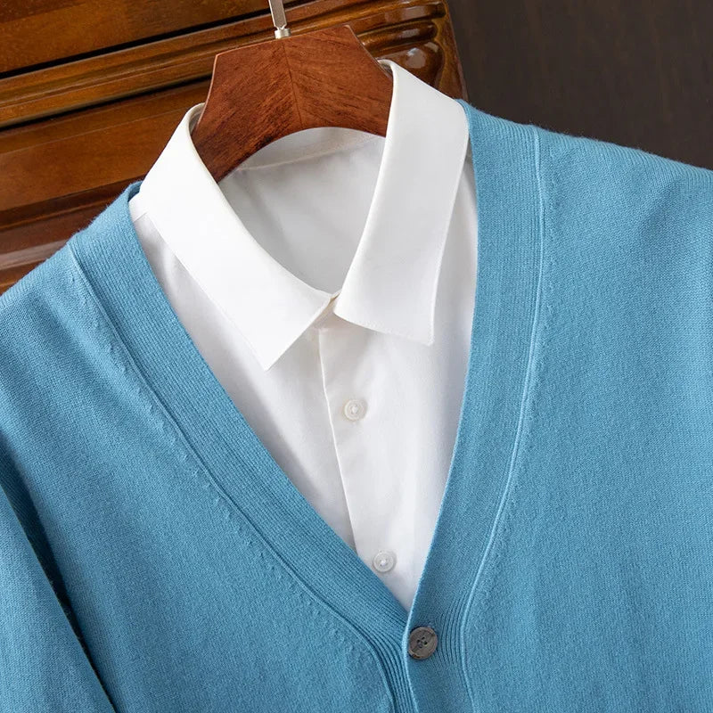 Men's V-Neck Cardigan Sweater - Business Casual Solid Color