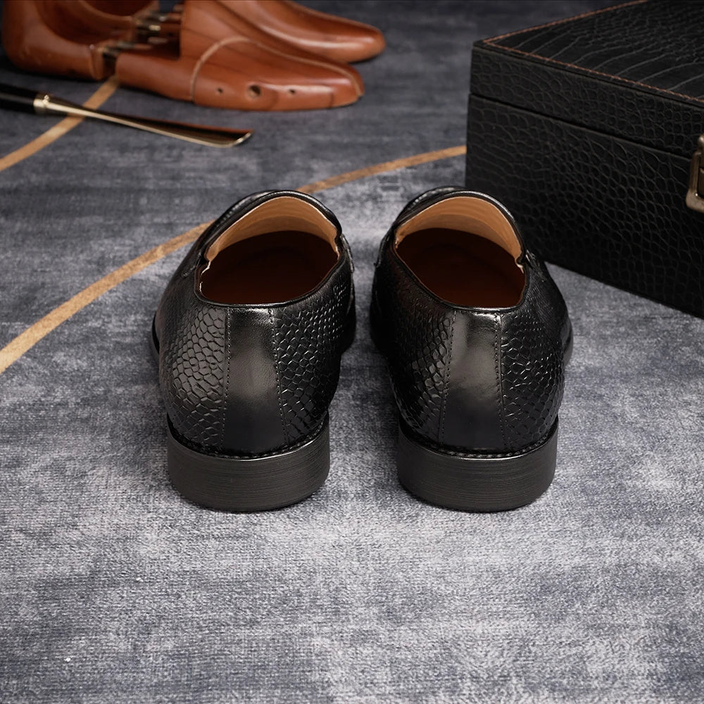 Men's Genuine Leather Snake Pattern Loafers – Pointed Slip-On Dress Shoes