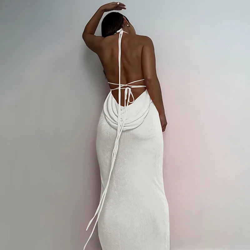 Women's Halter Backless Draped Maxi Dress - Long Straps Shift Dress