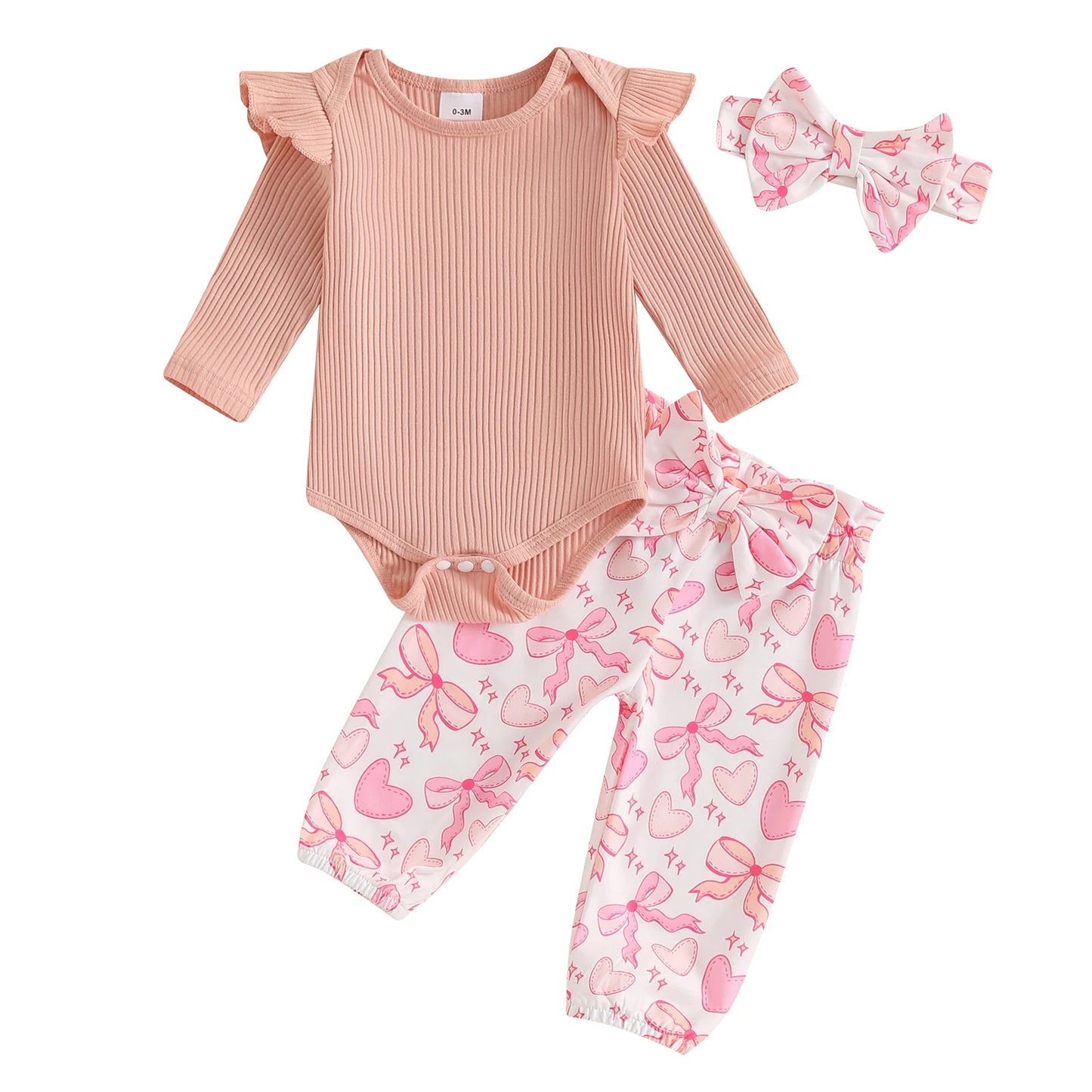 0-18M Baby Girls Fall Clothes Sets 3pcs Long Sleeve Ribbed Romper and Bow Front Pants and Headband